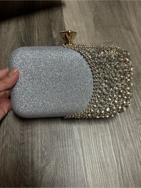 Rhinestone-Embellished Silver Evening Clutch